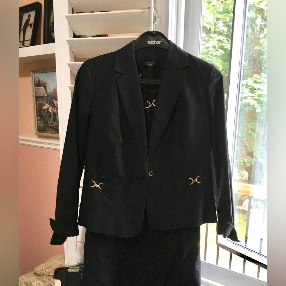 Vintage 80s, Talbots Petites, Jacket/Dress set. Black, polyester blend, US8